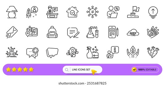 Gps, Inspect and Write line icons for web app. Pack of E-mail, Speech bubble, Chemistry lab pictogram icons. Fair trade, Table lamp, Cleanser spray signs. Veins, Discrimination, Winner flag. Vector