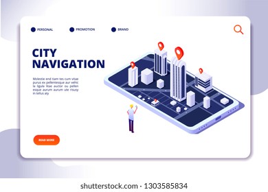 GPS ISOMETRIC CONCEPT. Navigation city 3d map mobile phone, phone tracker with global positioning app. Landing vector page