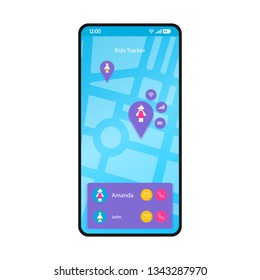 GPS kids tracker smartphone interface vector template. Mobile app page blue layout. Children tracking, navigation, location finder screen. Flat UI for application. Parental control. Phone display