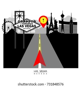 GPS leading guide to Las Vegas iconic on strip City Silhouette with city in background, Black and white featured with red pinpoint and red arrow gps navigator

