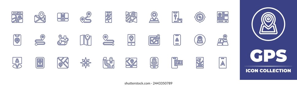 GPS line icon collection. Editable stroke. Vector illustration. Containing locations, location, map, compass, route, gps, destination, wind rose, street map.