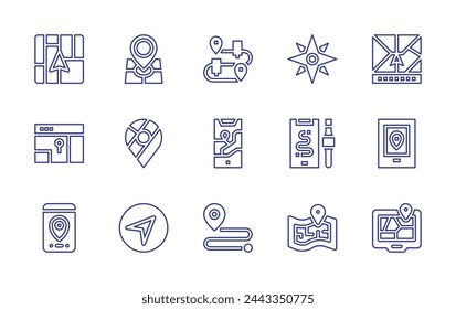 GPS line icon set. Editable stroke. Vector illustration. Containing gps navigation, gps, location, wind rose, google maps, route, destination, map.