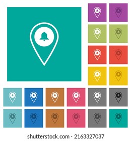 GPS location alarm multi colored flat icons on plain square backgrounds. Included white and darker icon variations for hover or active effects.