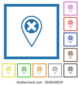 Ubicación del GPS cancelar iconos de color plano en marcos cuadrados en fondo blanco