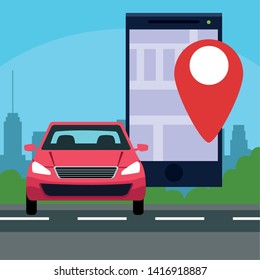 gps location car service concept with car and cellphone with location symbol cityscape silhouette icon cartoon vector illustration graphic design