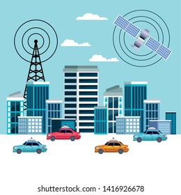 gps location car service concept with satelite, antenna and cityscape icon cartoon vector illustration graphic design