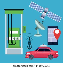 gps location car service concept with satelite and cellphone with location symbol in gas station icon cartoon vector illustration graphic design