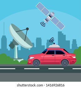 gps location car service concept with satelite, reception antenna in cityscape silhouette icon cartoon vector illustration graphic design