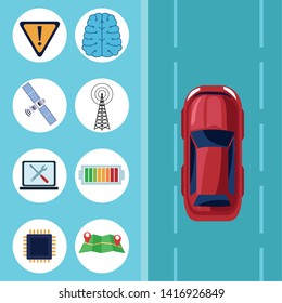 gps location car service concept car and icons satelite, antenna and computer cartoon vector illustration graphic design