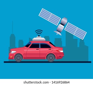 gps location car service concept with satelite in cityscape silhouette icon cartoon vector illustration graphic design