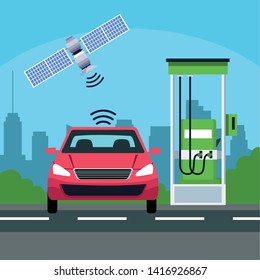 gps location car service concept with satelite in gas station cityscape silhouette icon cartoon vector illustration graphic design