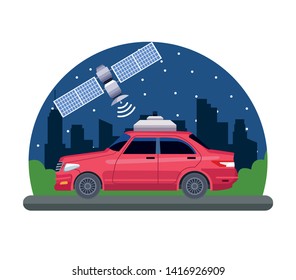 gps location car service concept with satelite in cityscape silhouette icon cartoon vector illustration graphic design