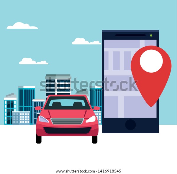 gps location car service concept with car and\
cellphone with location symbol cityscape icon cartoon vector\
illustration graphic\
design