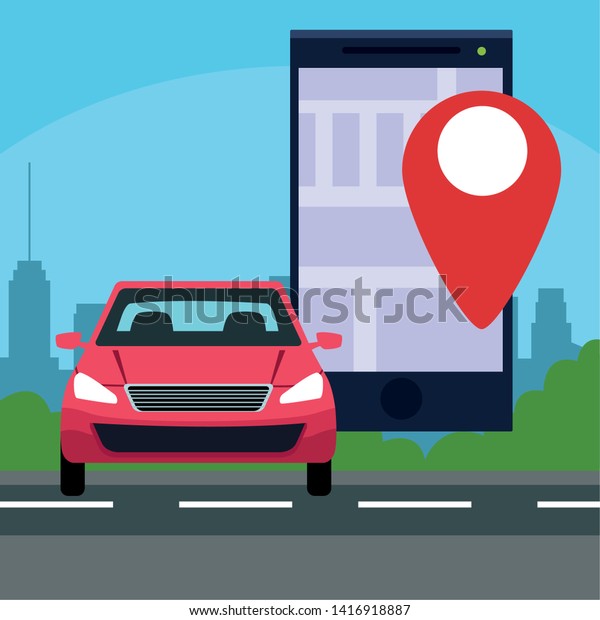 gps location car service concept with car\
and cellphone with location symbol cityscape silhouette icon\
cartoon vector illustration graphic\
design