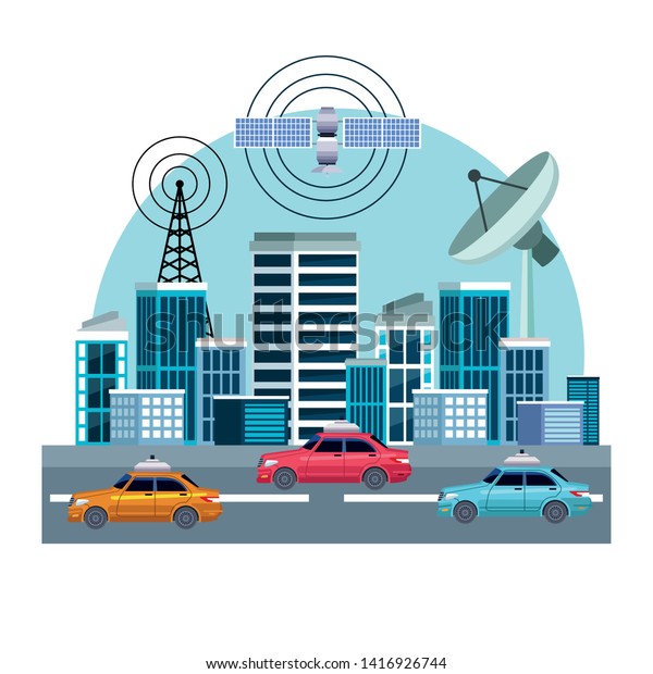 gps\
location car service concept with satelite, antenna and cityscape\
icon cartoon vector illustration graphic\
design