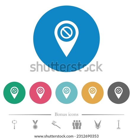 GPS location disabled flat white icons on round color backgrounds. 6 bonus icons included.