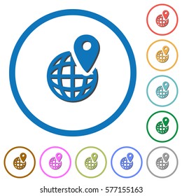 GPS location with globe symbol flat color vector icons with shadows in round outlines on white background
