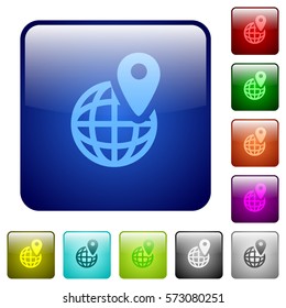 GPS location with globe symbol icons in rounded square color glossy button set