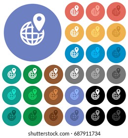 GPS location with globe symbol multi colored flat icons on round backgrounds. Included white, light and dark icon variations for hover and active status effects, and bonus shades on black backgounds.