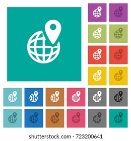GPS location with globe symbol multi colored flat icons on plain square backgrounds. Included white and darker icon variations for hover or active effects.
