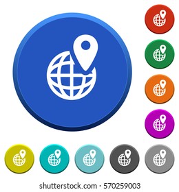 GPS location with globe symbol round color beveled buttons with smooth surfaces and flat white icons