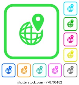 GPS location with globe symbol vivid colored flat icons in curved borders on white background