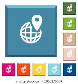 GPS location with globe symbol white icons on edged square buttons in various trendy colors