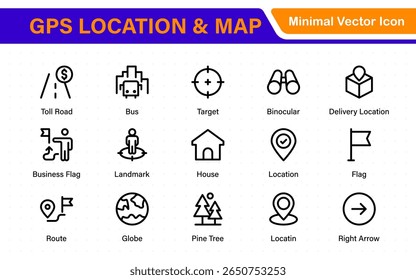 GPS Location Icons. Navigation Pointer, Route Map, Pin Drop, Compass Line Symbols. Travel and Direction Icon Set.