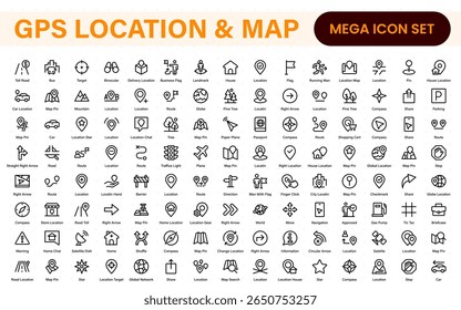 GPS Location Icons. Navigation Pointer, Route Map, Pin Drop, Compass Line Symbols. Travel and Direction Icon Set.