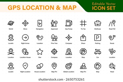 GPS Location Icons. Navigation Pointer, Route Map, Pin Drop, Compass Line Symbols. Travel and Direction Icon Set.