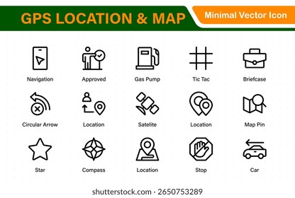 GPS Location Icons. Navigation Pointer, Route Map, Pin Drop, Compass Line Symbols. Travel and Direction Icon Set.