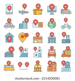 localização do gps e conjunto de ícones de pin do mapa