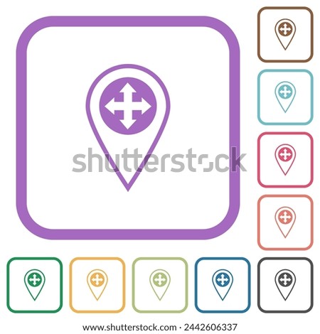 GPS location move simple icons in color rounded square frames on white background