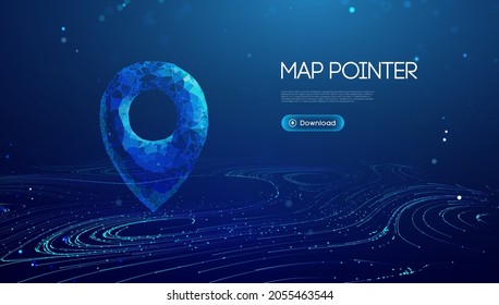 Gps location pin. Geolocation map mark, point location. Futuristic technology Gps in 3d style on blue background. 3d vector illustration. Blue abstract futuristic business vector travel concept.