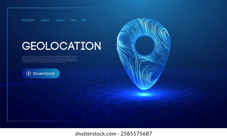 Gps location pin. Geolocation map mark, point location. Futuristic technology Gps in 3d style on blue background. 3d vector illustration.