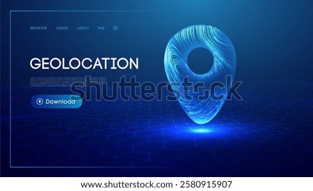 Gps location pin. Geolocation map mark, point location. Futuristic technology Gps in 3d style on blue background. 3d vector illustration.