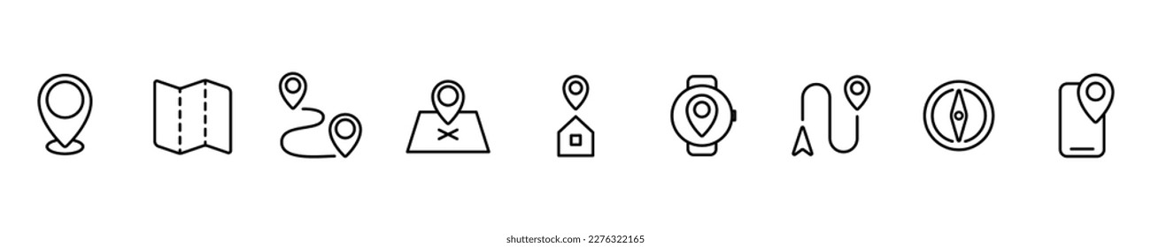 GPS location pin, path, road, map set of icons illustration