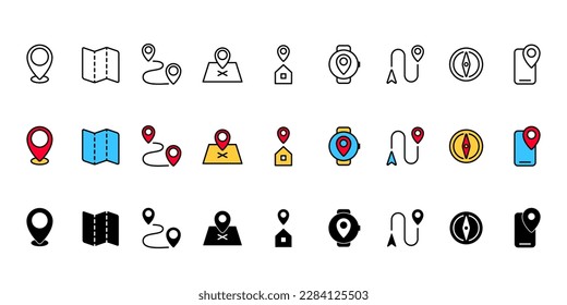 pin de ubicación GPS, ruta, ruta, conjunto de mapas ilustración de iconos