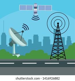 gps location satelital service concept with satelite, antenna and cityscape silhouette icon cartoon vector illustration graphic design