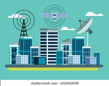 gps location satelital service concept with satelite, antenna and cityscape icon cartoon vector illustration graphic design