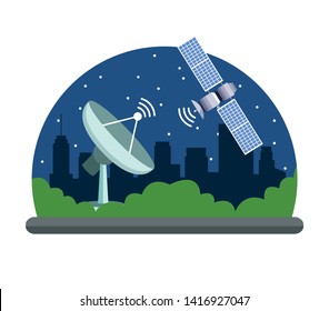 Gps Location Satelital Service Concept With Satelite, Antenna And Cityscape At Night Icon Cartoon Vector Illustration Graphic Design