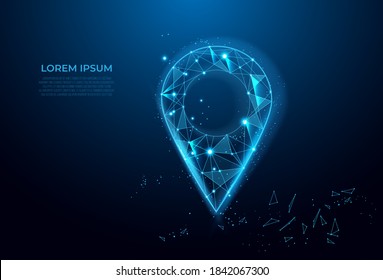 Gps, Location Sign In Futuristic Abstract Style On Blue Background. Gps Navigator Pin. Map Pointer Sign. Route Navigator. Polygon Vector Wireframe Concept. Low Poly, Mesh Art.
