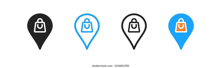 Gps location of store outline icon. Map pointer of store adress sign. Shopping symbol. Simple flat design. Vector illustration.