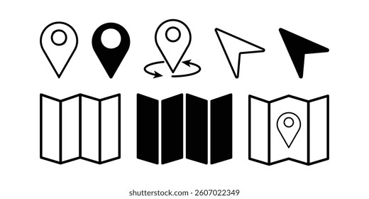 GPS location symbol collection. Navigation, GPS, location, route, map pin icon set illustration.