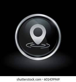 GPS location symbol with map pin marker icon inside round chrome silver and black button emblem on black background. Vector illustration.
