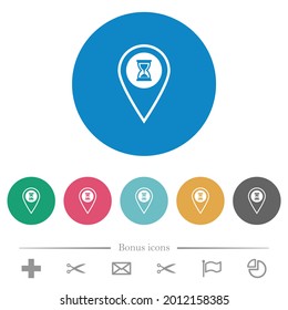 GPS location wait flat white icons on round color backgrounds. 6 bonus icons included.
