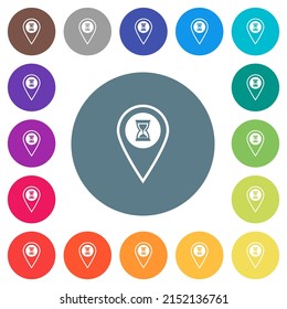 GPS location wait flat white icons on round color backgrounds. 17 background color variations are included.