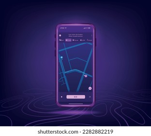 aplicación de mapa GPS. Navegador móvil. pantalla de teléfono de la interfaz de usuario para entrega o conducción de coches. Interfaz UX. Ruta de destino en smartphone. Teléfono móvil brillante. Navegación por la ciudad. Plantilla de aplicación de vector