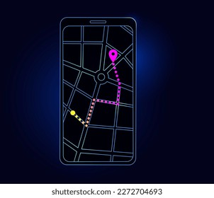 GPS map application for smartphone. Navigation in the city street. Route and destination on phone display. Find location permission. Geoposition point, neon outline ui vector element, dark night mode