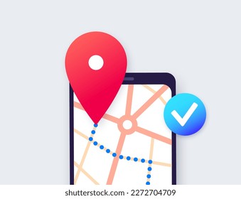GPS map application for smartphone. Navigation in the city street. Route and destination on phone display. Find location permission. Geoposition red pinpoint, navigator ui element vector illustration